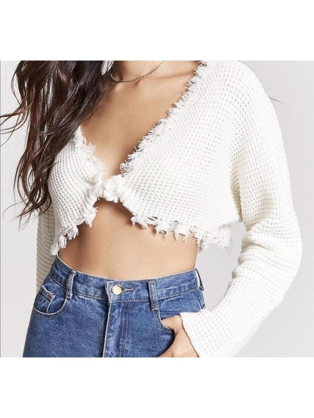Forever 21 White Knit Cropped Sweater Size Small